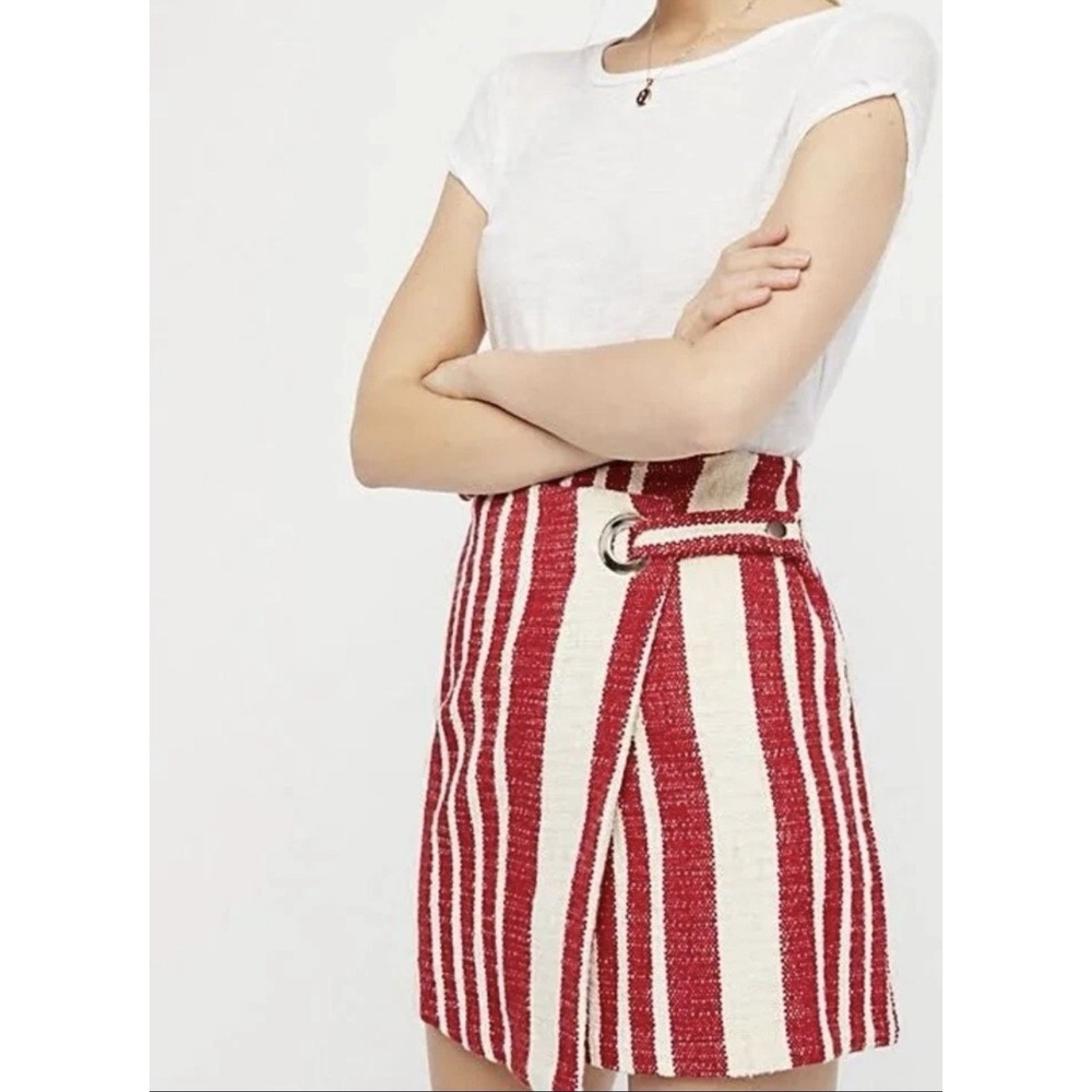 Free People Red White Striped Wrap Mini Skirt XS Boho Coastal Summer Cotton